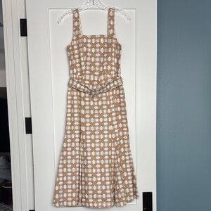 Ann Taylor Cream and Tan Geometric Midi Dress with Belt